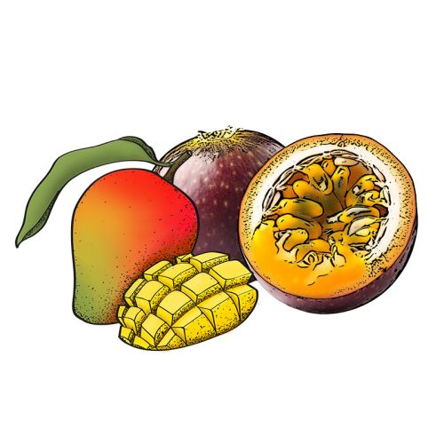 Passievrucht met stukjes mango sorbetijs